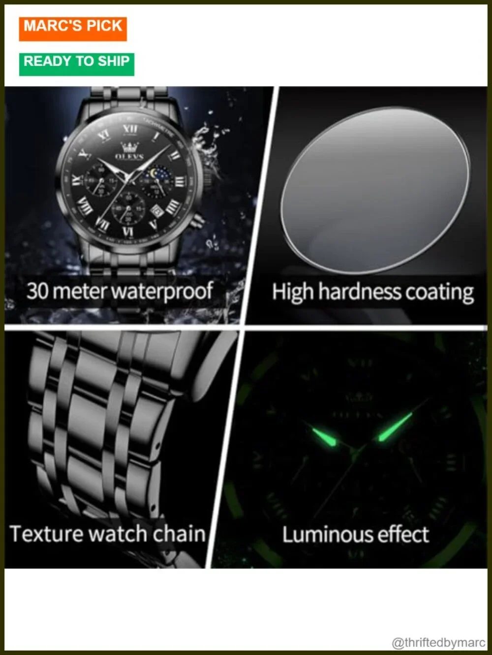 Men's Big Face Stainless Steel Quartz Chronograph Moon Phase Date Luminous